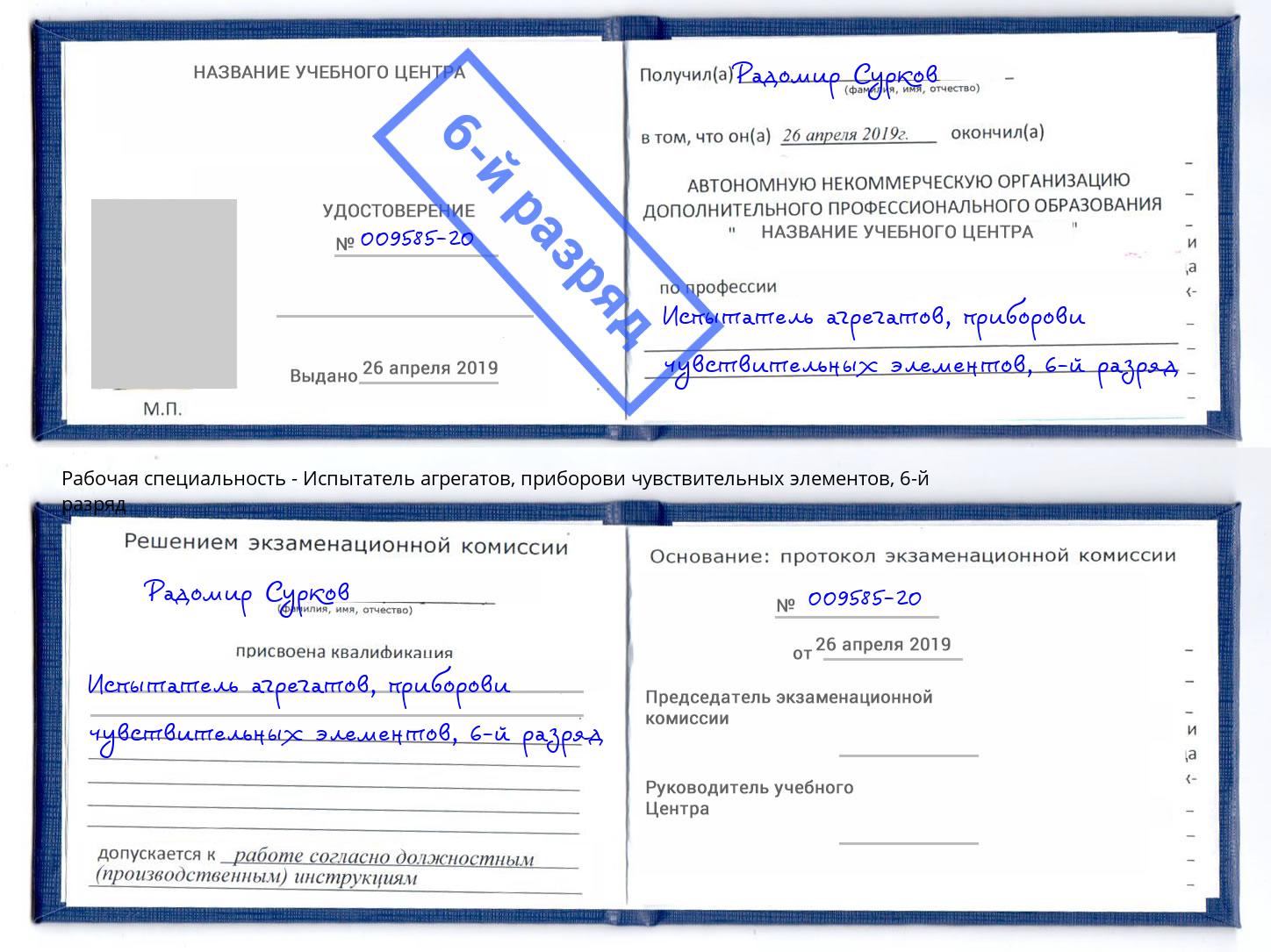 корочка 6-й разряд Испытатель агрегатов, приборови чувствительных элементов Ахтубинск