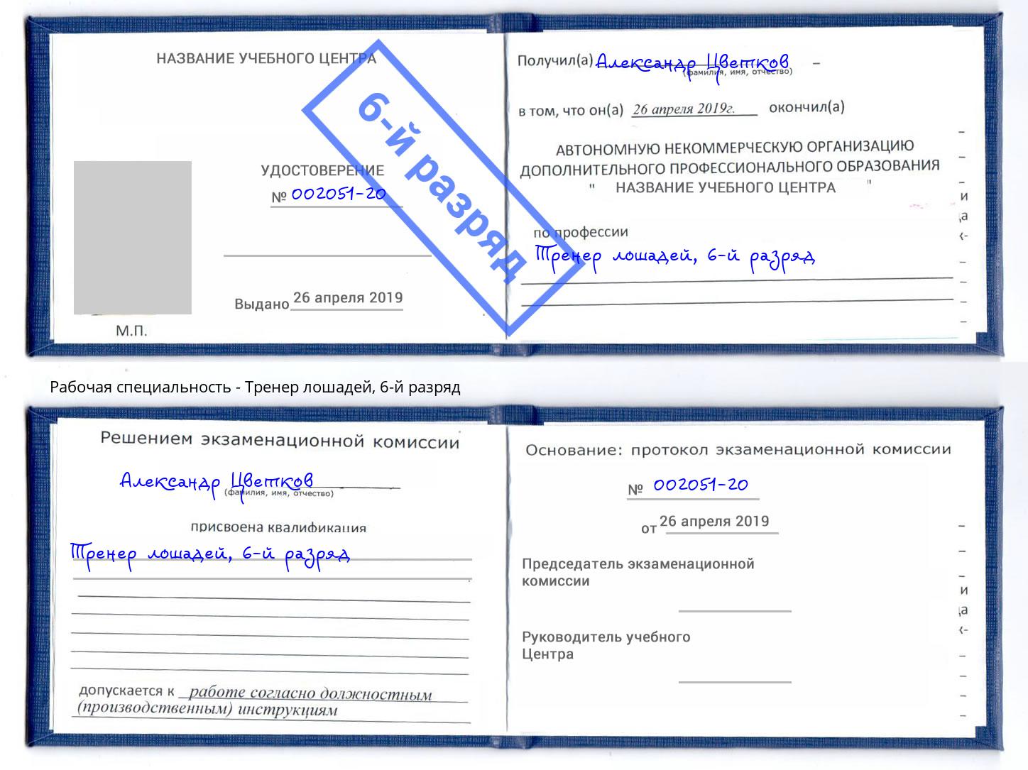 корочка 6-й разряд Тренер лошадей Ахтубинск