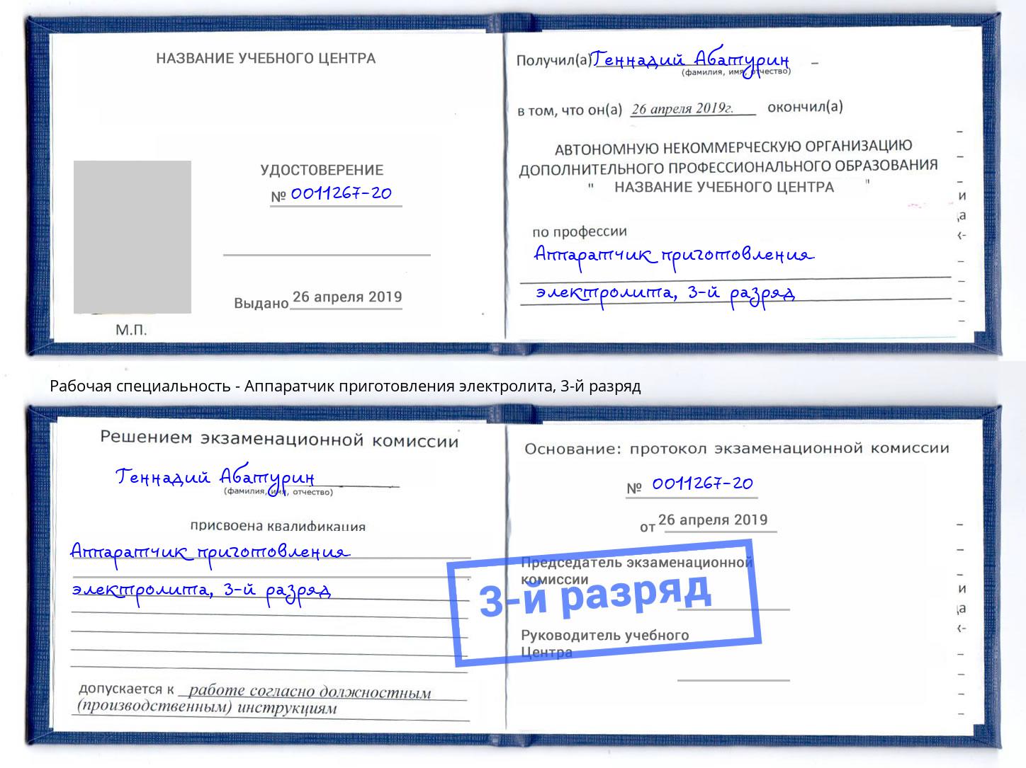 корочка 3-й разряд Аппаратчик приготовления электролита Ахтубинск